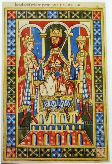Friedrich Barbarossa und seine Söhne Heinrich und Friedrich, Miniatur aus der Welfenchronik (1179). Quellen: Wikipedia.de, planet-wissen.de