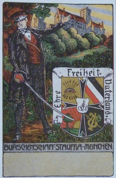 Couleurkarte mit dem Wahlspruch. Im Hintergrund die Wartburg.